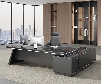 87" L-Shaped Executive Office Desk with Drawers, Enclosed Cabinet, Ventilated CPU Compartment, Built-in Outlet & USB Ports for Home, Office, Corporate, School Left Return