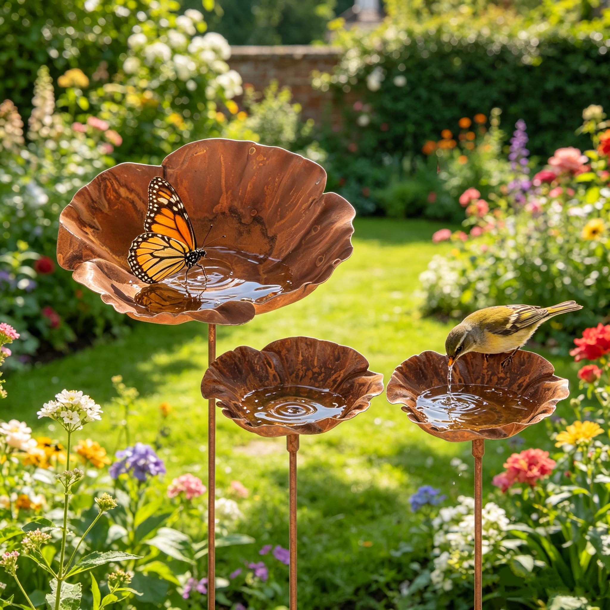 3 Pack Rust Metal Outdoor Bird Feeder & Water Bowl, Vintage Flower Garden Decor Ornaments, Rain Catcher Water Station for Backyard, Patio, Lawn, Eco-Friendly Bird Drinking Station