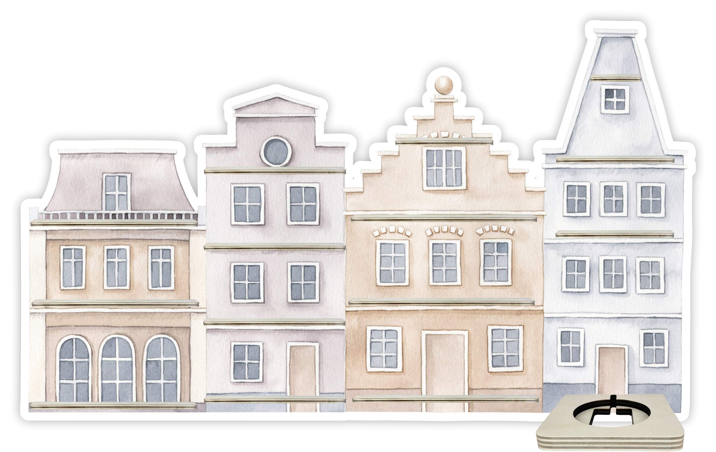 Farbklecks-Collection Musikboxregal Stadthaus Grau Beige, Wandregal für bis zu 60 Hörfiguren, Maße 80 x 48 x 6 cm, mit speziellem Ablagefach kompatibel mit Toniebox, handgefertigt in Deutschland