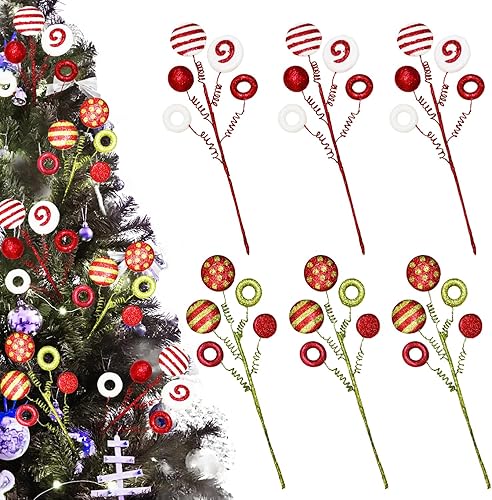 6 piezas de decoración de árbol de Navidad, paletas, bolas de piruleta, adornos de rama con purpurina a rayas de Navidad para decoración de árbol de