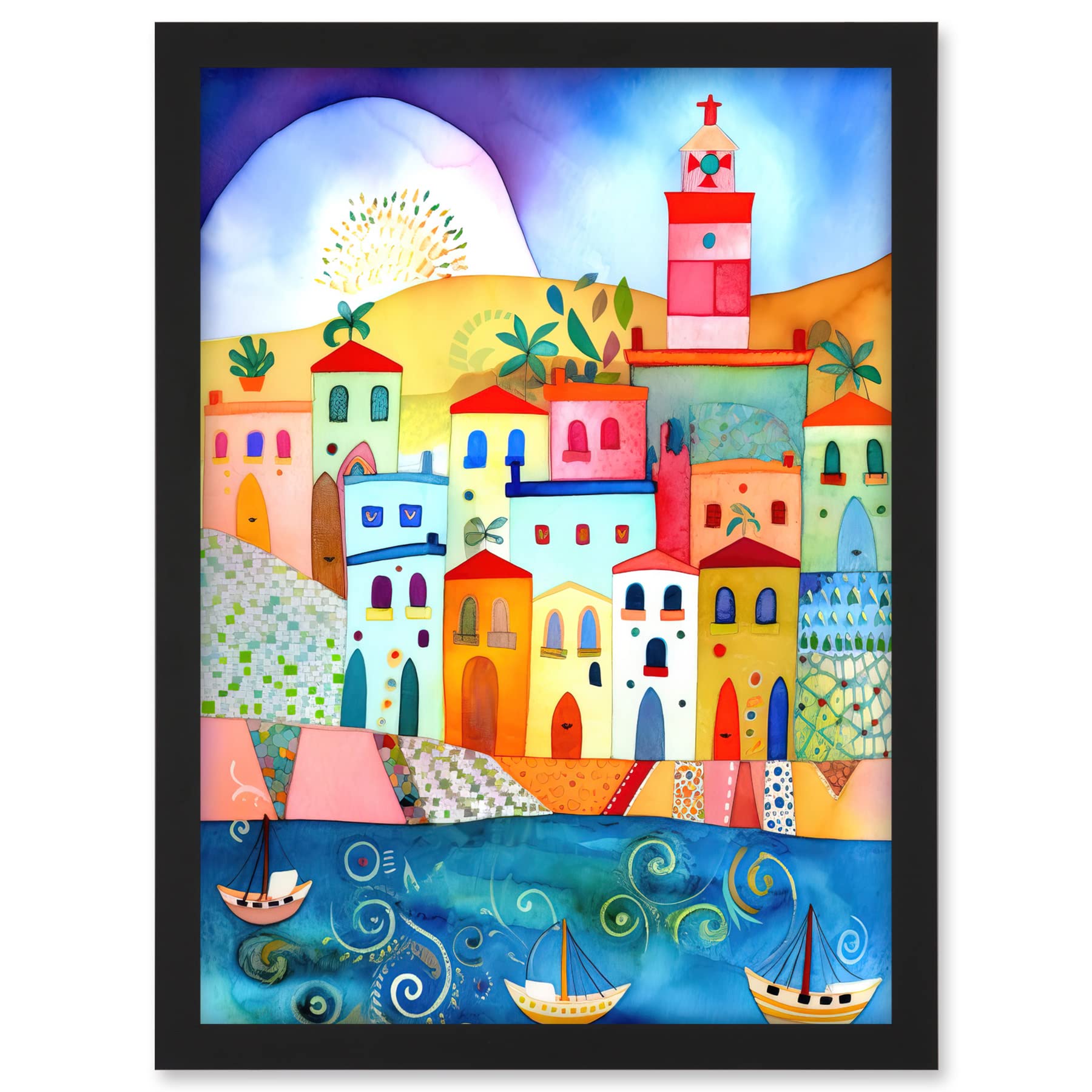 Artery8 Tunisia Seaside Town Folk Art Artwork Framed A3 Wall Art Print
