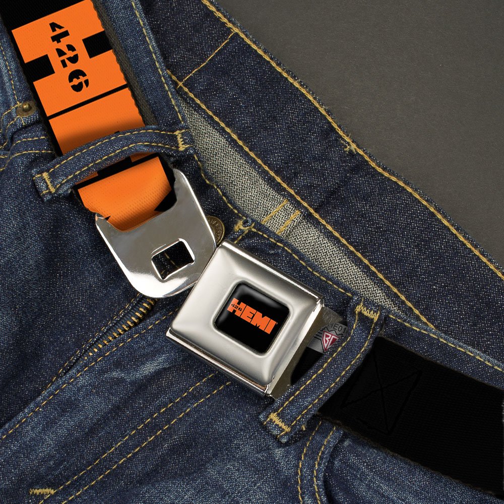 Hemi Belt, Seatbelt Buckle Belt, Hemi 426 Logo Repeat Black Orange, 44 to 63 Inches