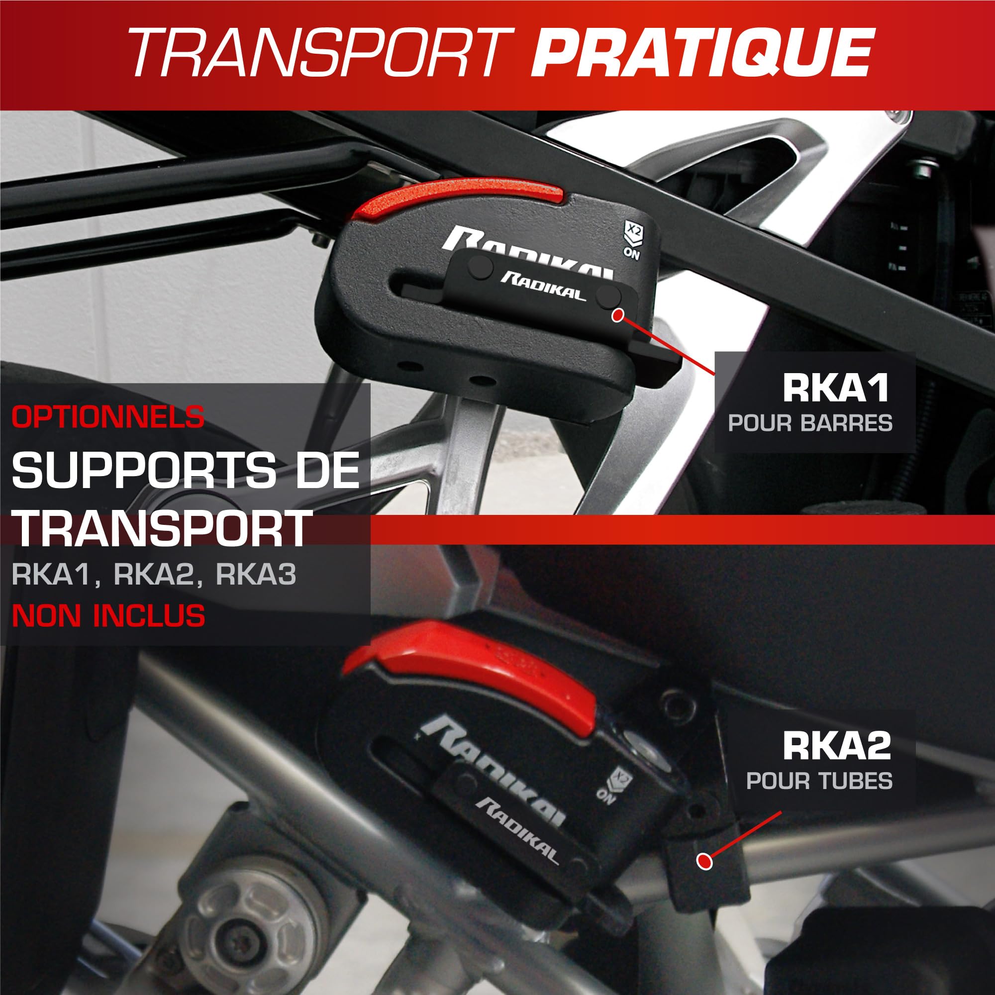 RADIKAL RK15 Antivol Moto Homologué SRA Bloque Disque avec Alarme Premium | Activation au choix, 120 dB, LED Alerte, Warning Pré-Alarme | Bloc Sécurité Double Verrouillage Acier Cémenté 14 mm, Rouge