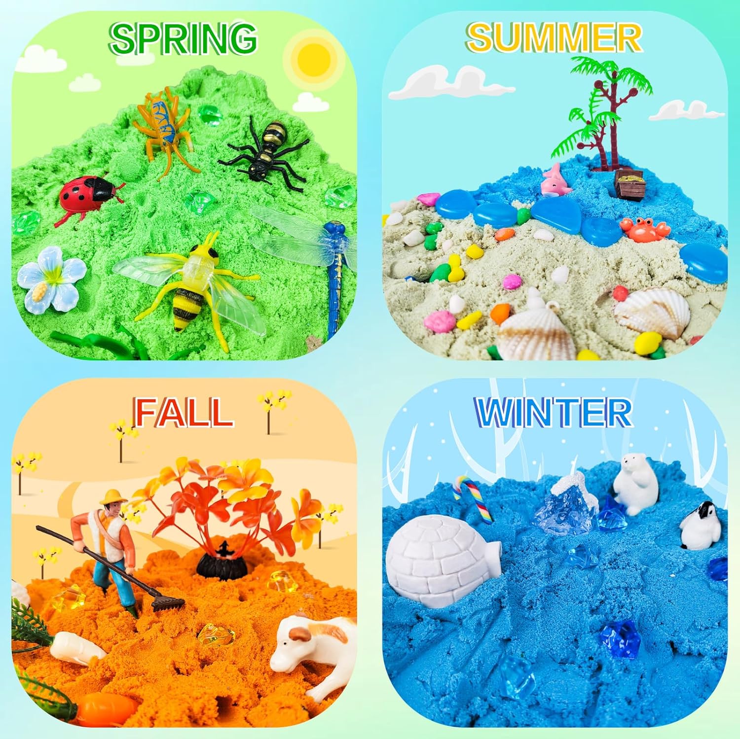 AGENTLAN 4 Seasons Stackable Sensory Bin，Mini Sandbox for Spring, Summer, Fall & Winter. Sensory Toys with Play Sand for Toddlers Boys and Girls, Kids Toys Gift Sand Box for Age 3 4 5 6 7 8