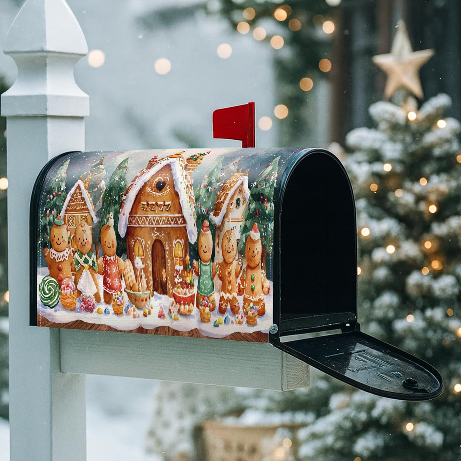 Gingerbread Magnetic Mailbox Covers, Christmas Festive Candy Trees Christmas Red Mailbox Decorations for Front Door Decor 21x25.5 Inch