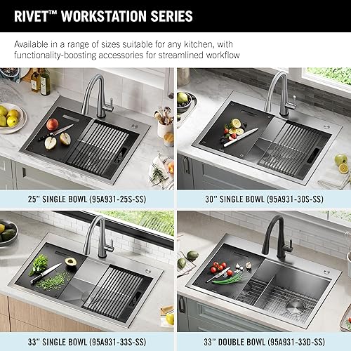 Miniatura 3 de DELTA FAUCET DELTA Remache Fregadero de cocina con estación de trabajo de 33 pulgadas, montaje superior de acero inoxidable calibre 16, cuenco