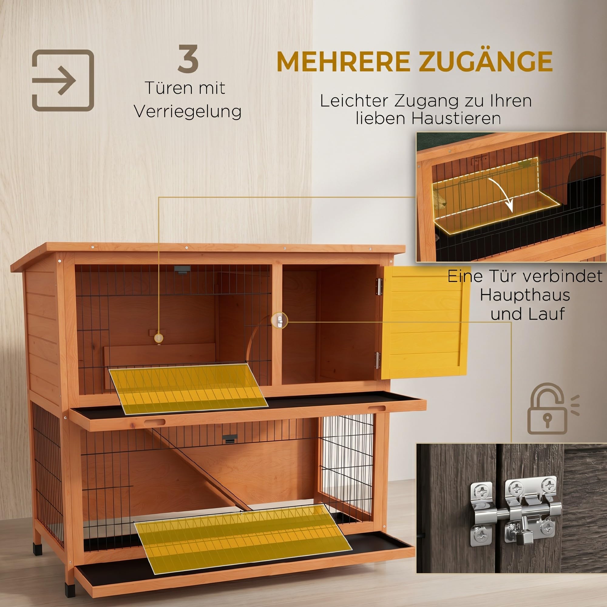 PawHut Hasenstall 2 Etagen aus Holz 123 x 63 x 112 cm Bitumendach Orange | Kaninchenstall, Rampe, Türen, Freilaufgehege, Stahlgitter Kleintierkäfig, für 2 Kaninchen, Outdoor