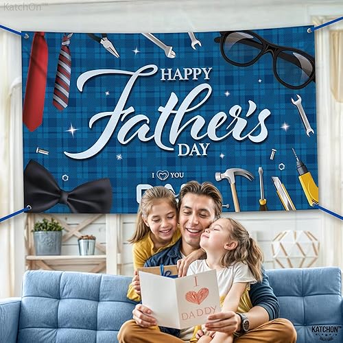 Miniatura 6 de KatchOn, Pancarta azul con texto en inglés «Happy Father's Day», extragrande, 72 x 44 pulgadas, decoración azul del día del padre para fiesta, telón