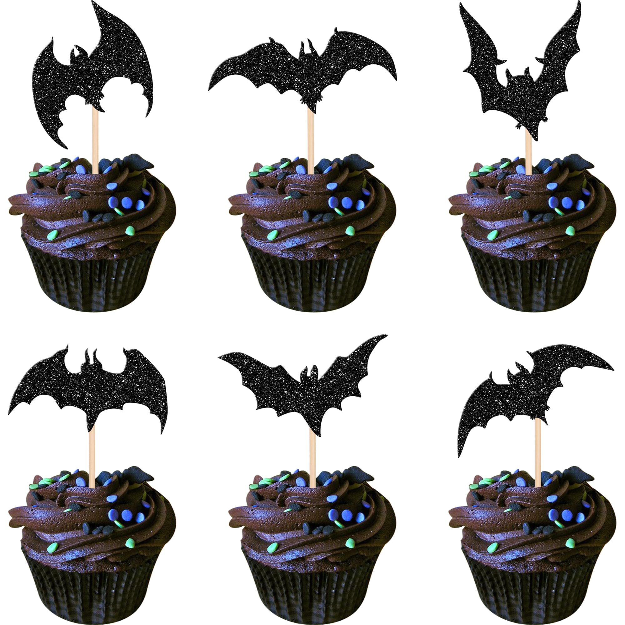 30 Pack Halloween Bat Cupcake Toppers Black Glitter Bat Halloween Cupcake Picks Happy Cake Decorations for Baby Shower Kids Birthday Party Cake