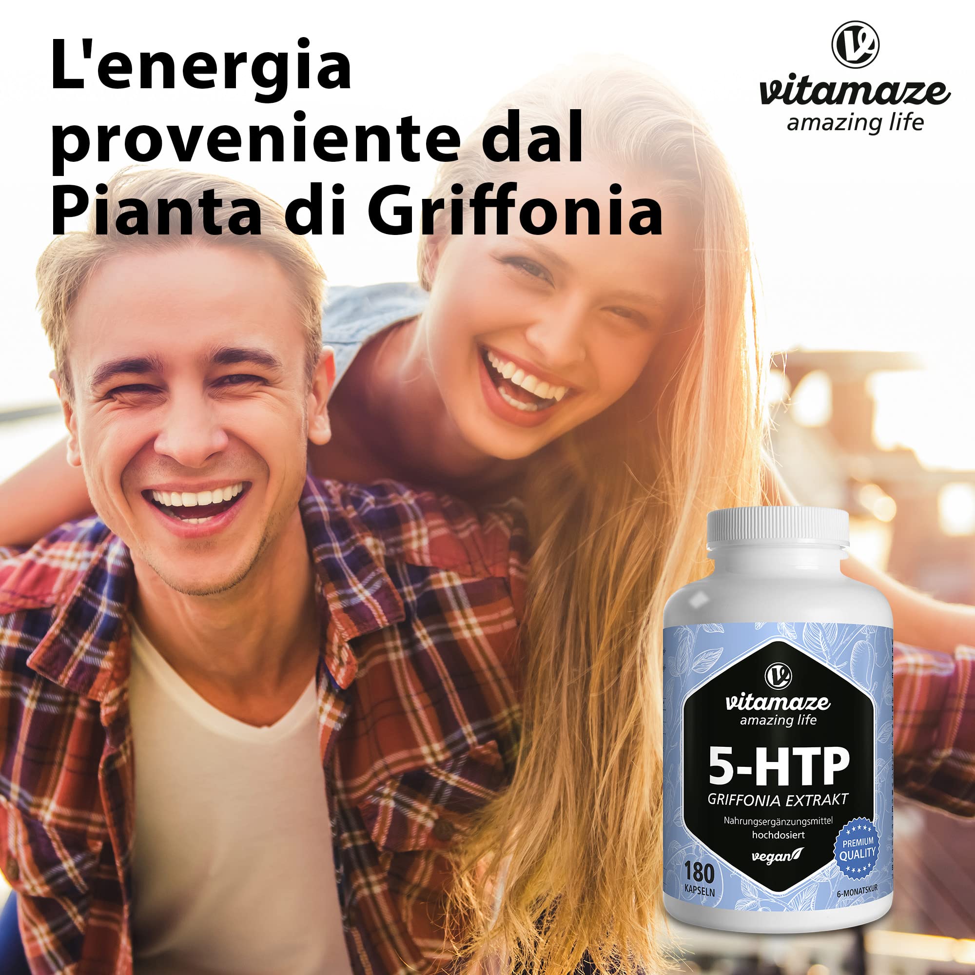 Vitamaze® Griffonia 5-HTP Alto Dosaggio 600 mg, 180 Capsule (per 6 Mesi) Vegane di Estratto di Semi di Griffonia Potente Dosi, Integratore senza Additivi non Necessari, Qualità Tedesca