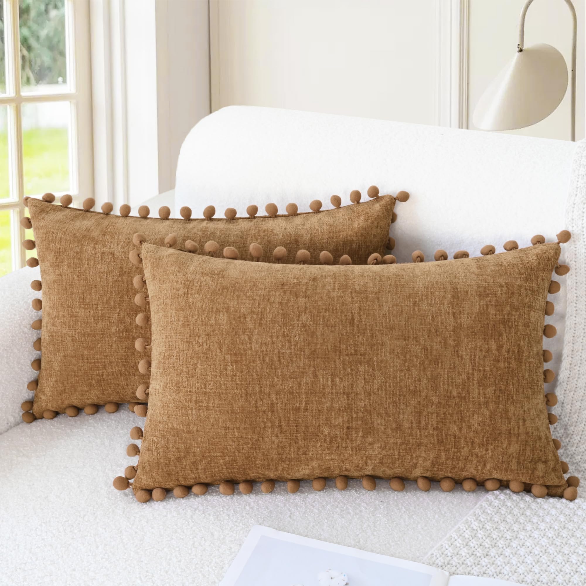 CaliTime Throw Pillow Cases Pack of 2 Cozy Solid Dyed Soft Chenille Cushion Covers with Pom Poms for Couch Sofa Home Decoration 30 x 50cm Apricot Brown
