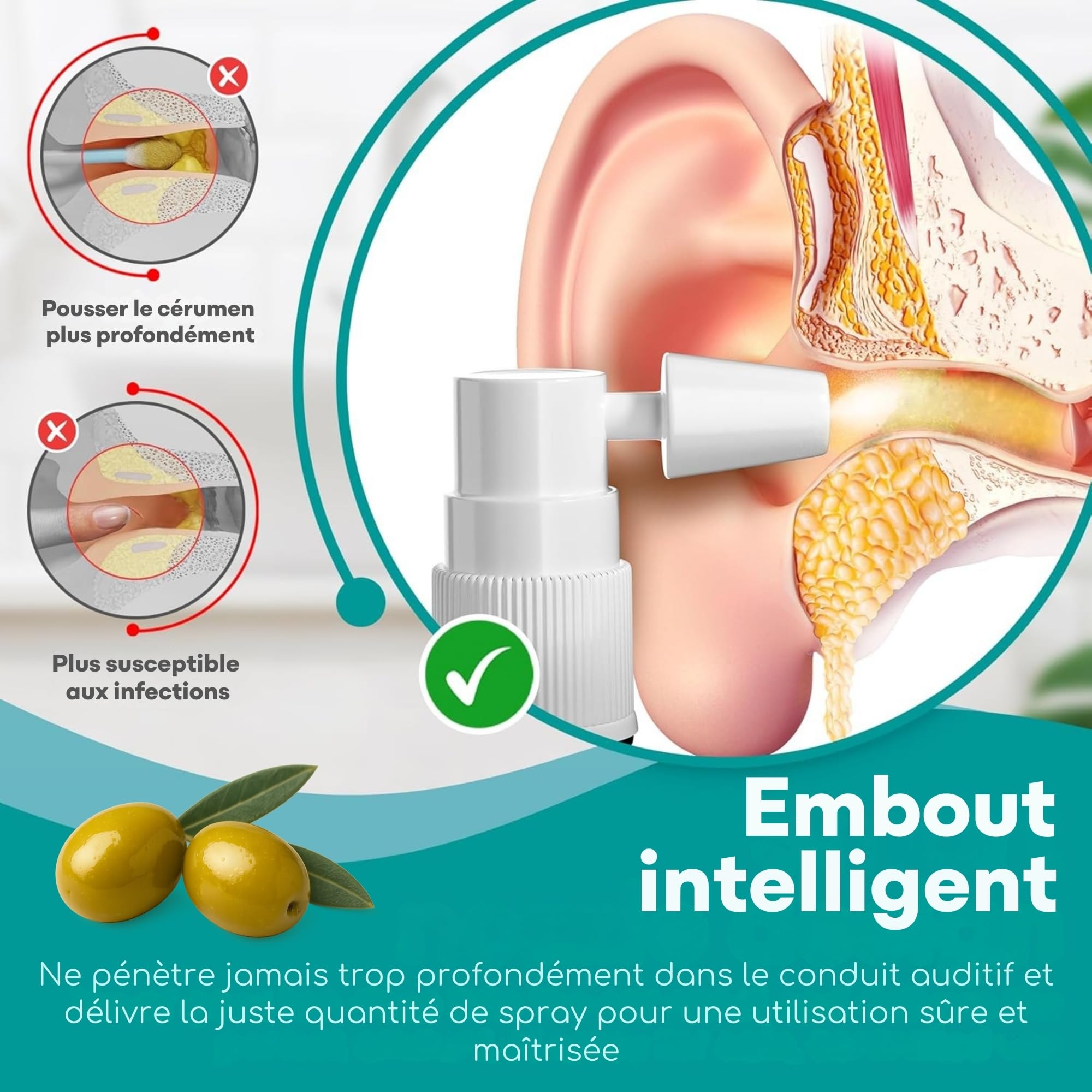 Medi Grade Spray d'Huile d'Olive pour Oreilles Bouchées 20ml – Auriculaire 100% Naturel qui Adoucit, Élimine l'Accumulation de Cérumen – Plus de 50 Vaporisations, Nettoyant