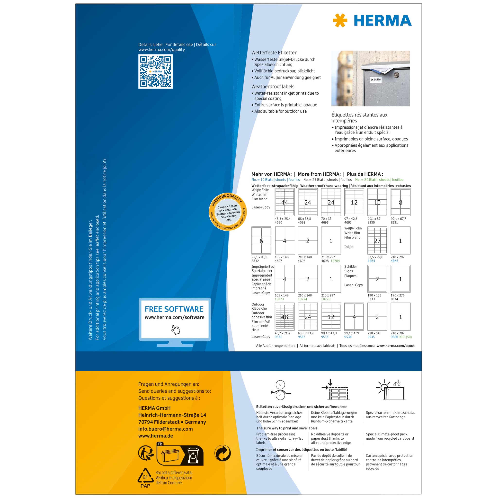 HERMA 4597 Wetterfeste Folienetiketten für Inkjet Drucker, 40 Blatt, 97 x 42,3 mm, 12 pro A4 Bogen, 480 Stück, selbstklebend, bedruckbar, matt, Klebeetiketten Aufkleber für Tintenstrahldrucker, weiß