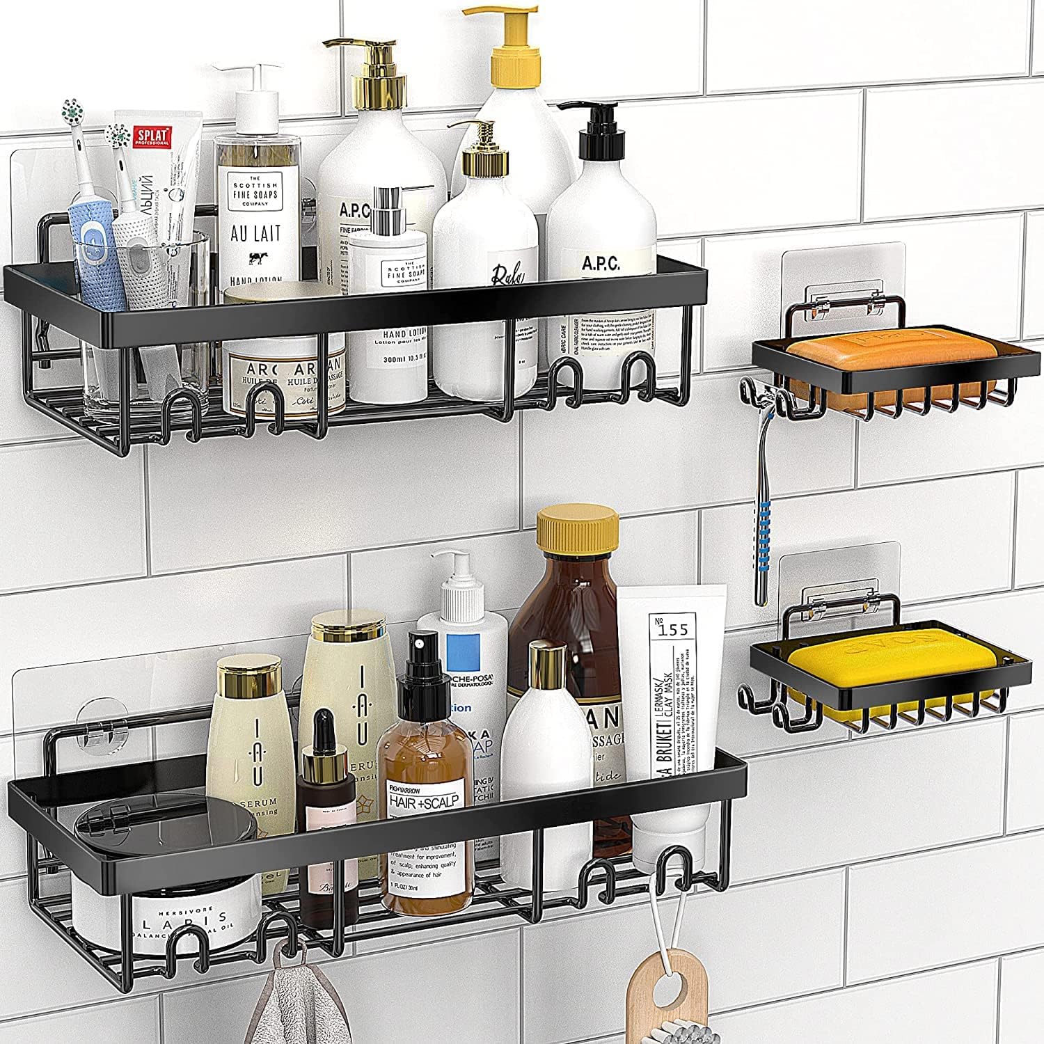 Oslen Metal Self Adhesive Wall Mount Bathroom Rack Shelf Hanging Shelves with Hooks Storage Racks Accessories Set for Home Rustproof 2 Bathroom Shelf 2 Soap Dishes (Magic Stickers - No Drilling)