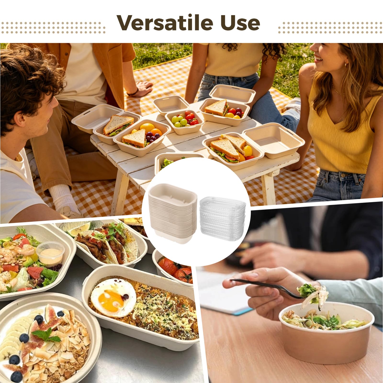 50 Stk. Einweg-Lebensmittelbehälter mit Deckel, 700 ml Papier-Food-Box mit 1 Fach, ölabweisender Salatbehälter mit PET-Deckel, 19 x 12,5 cm für Salat, Reste, Pasta, Obst, zum Mitnehmen