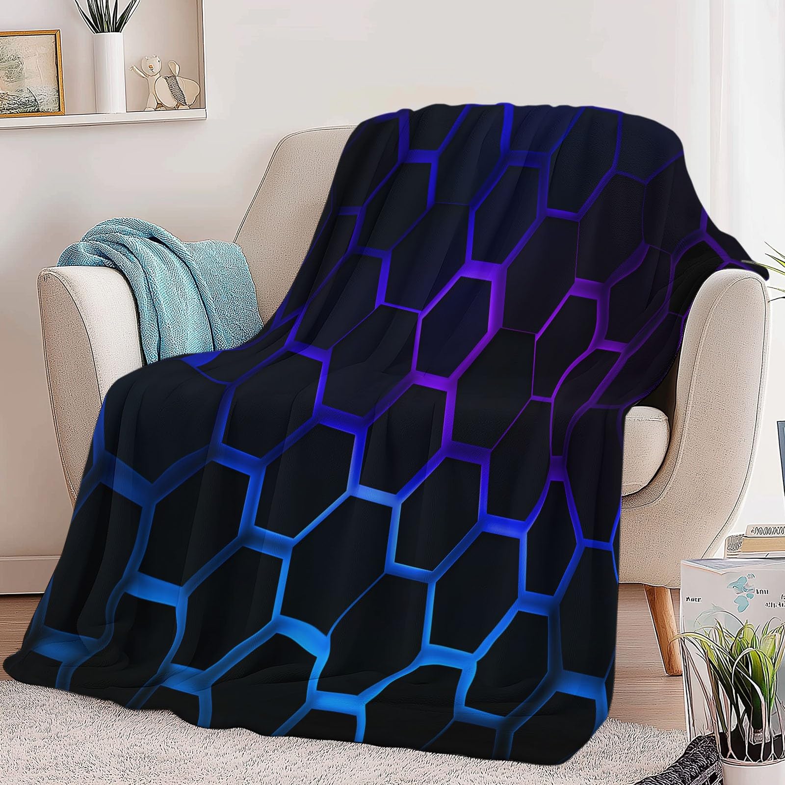 Generico Coperta Peluche Morbido Nero per Divano Sedia, Morbidi Coperte Plaid Flanella Neon Poligoni Geometria - Caldo Trapuntino Sherpa Peluche Morbido Copriletto Letto, 180 x 200 cm