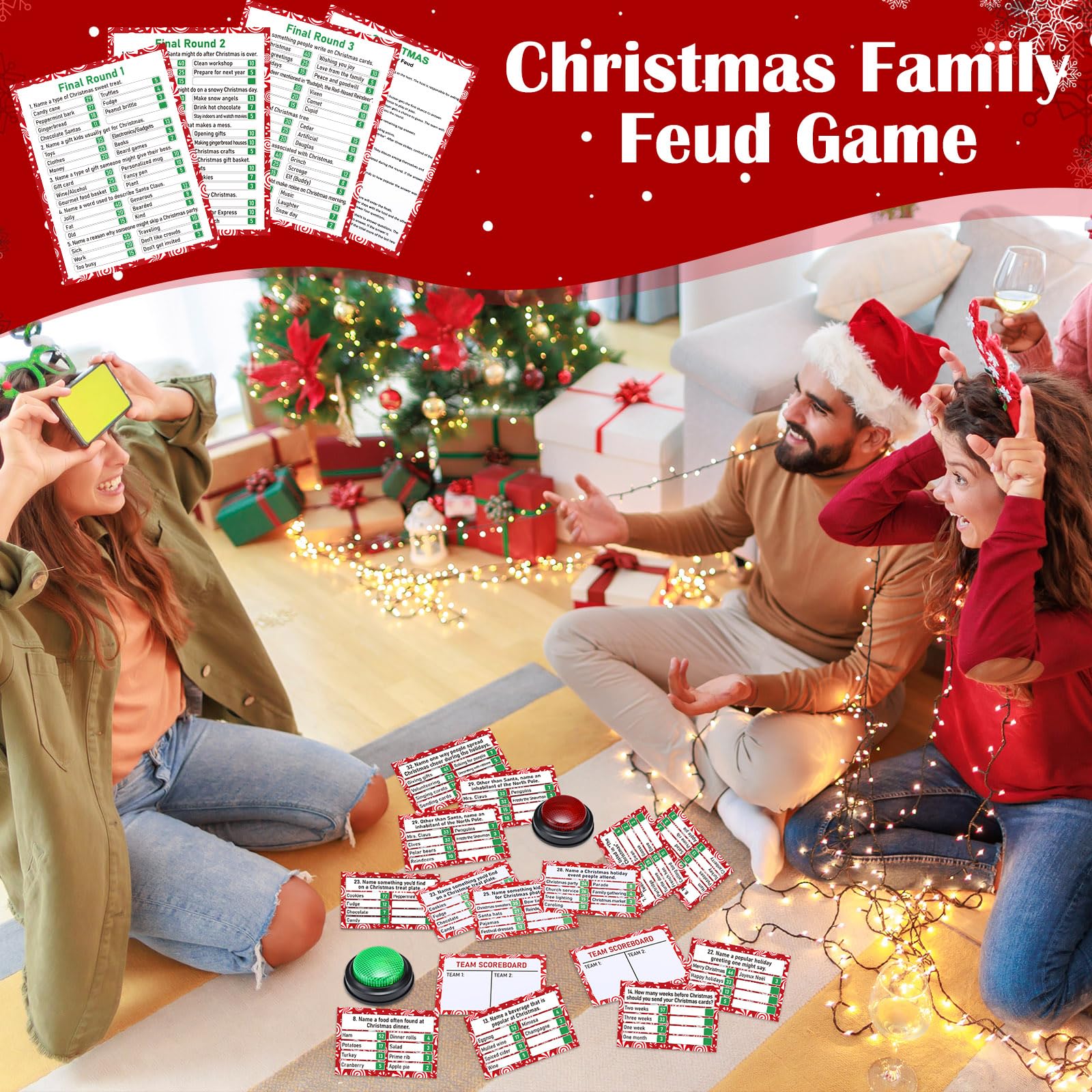 Vinsot Juego de 50 piezas de feudo con respuesta, zumbador, juego de fiesta de pelea de Navidad, divertido juego de preguntas familiares para vacaciones, fiesta de Navidad, oficina, grupos de adultos
