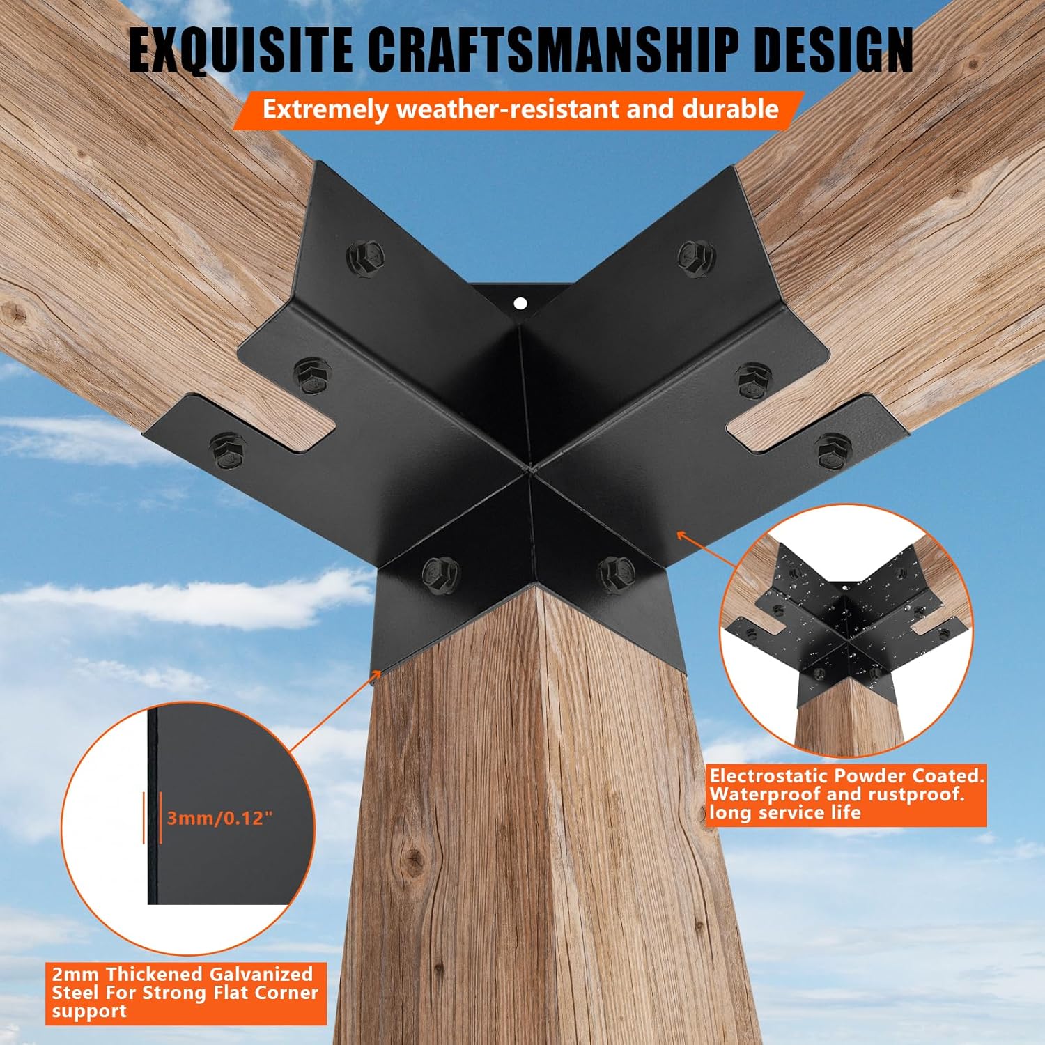 3-Way Pergola Coner Bracket,Galvanized Steel Woodwork Bracket for 4'' x 4''(3.5'' x 3.5'') Lumber,Metal DIY Bracket for Outdoor Gazebos,Porchs with Screws (2Pack)