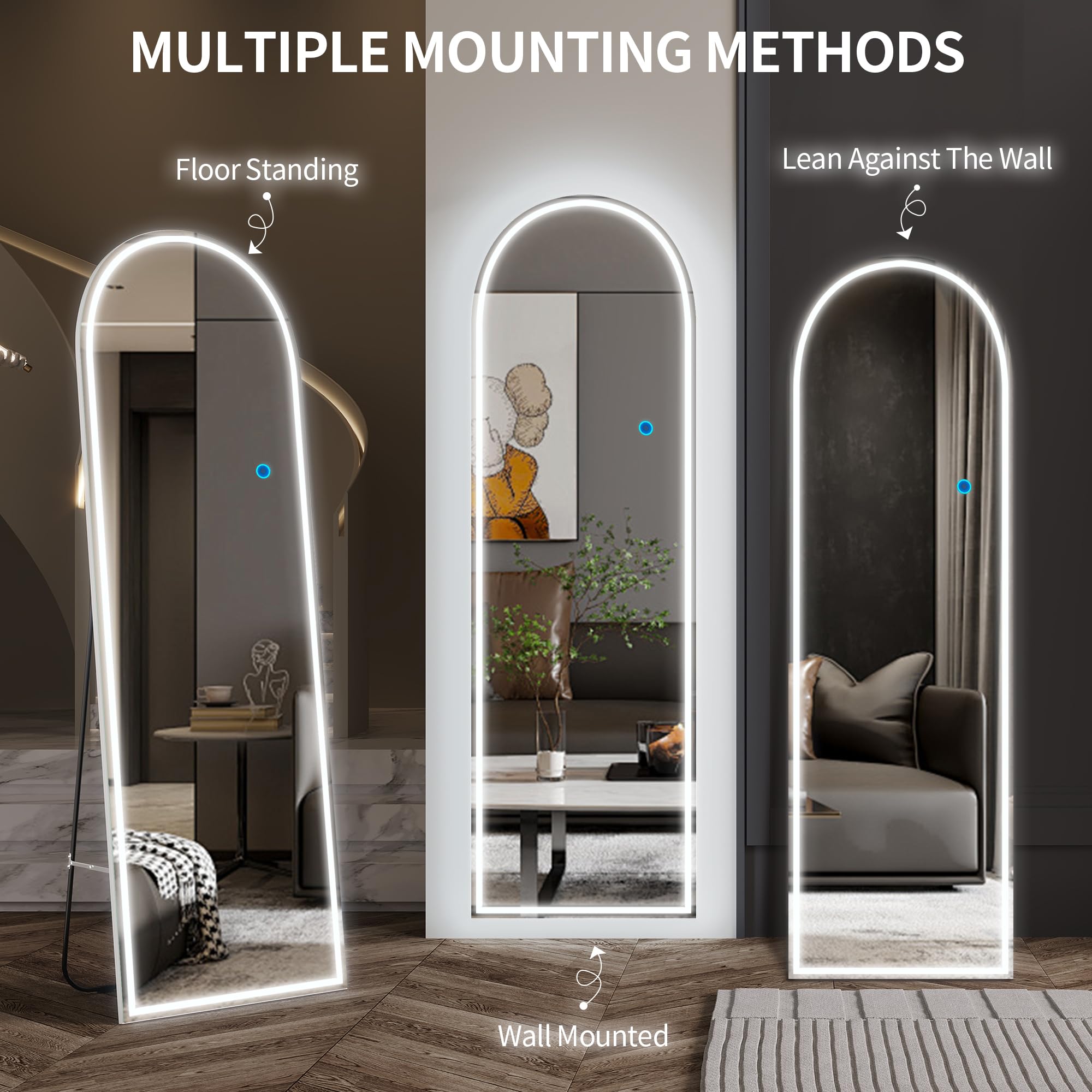 LVSOMT Bogen Ganzkörperspiegel mit Beleuchtung, 153x50cm LED Gewölbter Standspiegel, Moderne Wandspiegel Groß, Stehspiegel ohne Rahmen Beleuchtet, Aufstellspiegel für Schlafzimmer Wohnzimmer, Weiß