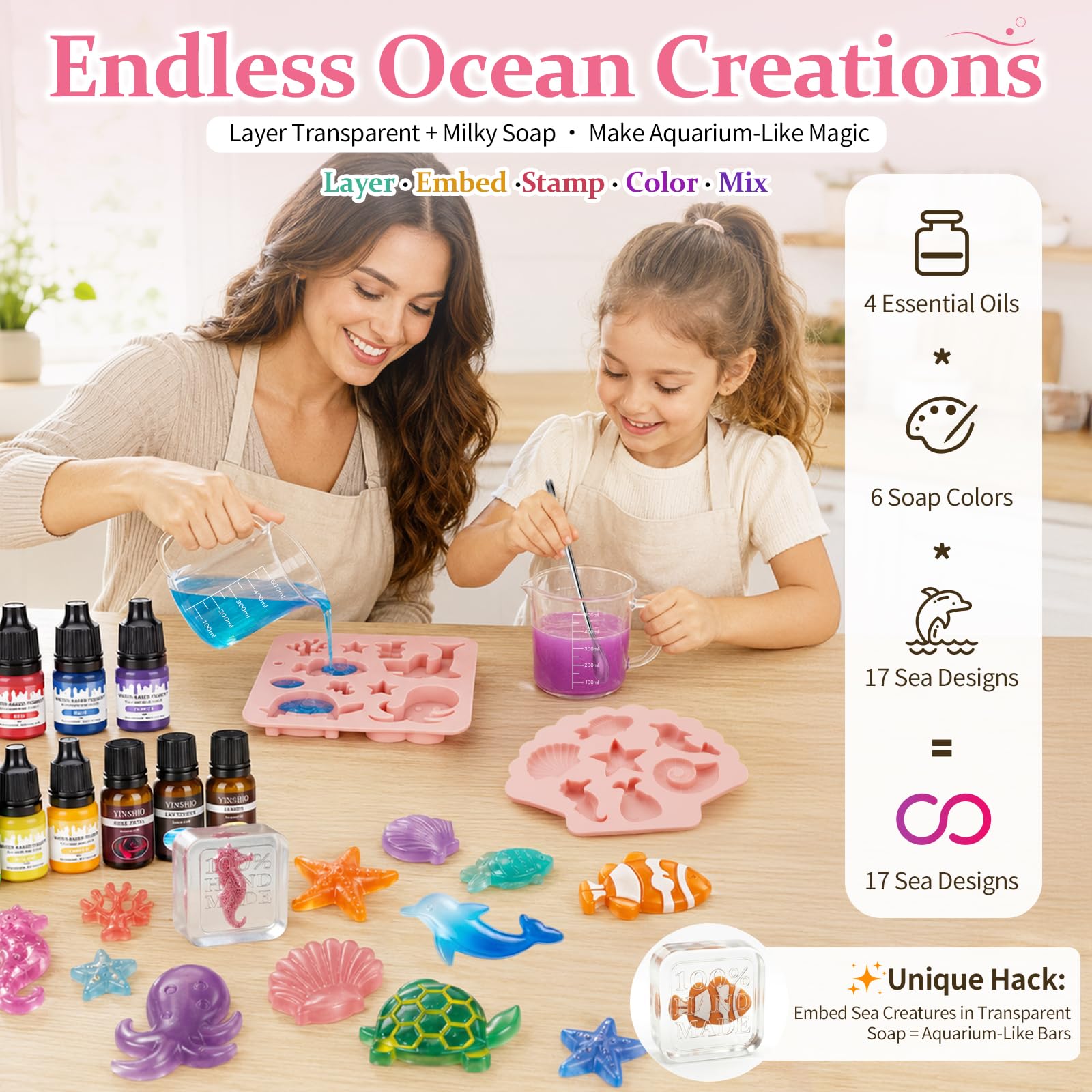 Set di sapone fai da te per bambini, 500 g, lattiginoso, 250 g, base di sapone trasparente, pesce marino, 10 forme a forma di cavalluccio marino, quadrato, 6 colori, 4 oli essenziali, 10 reti in
