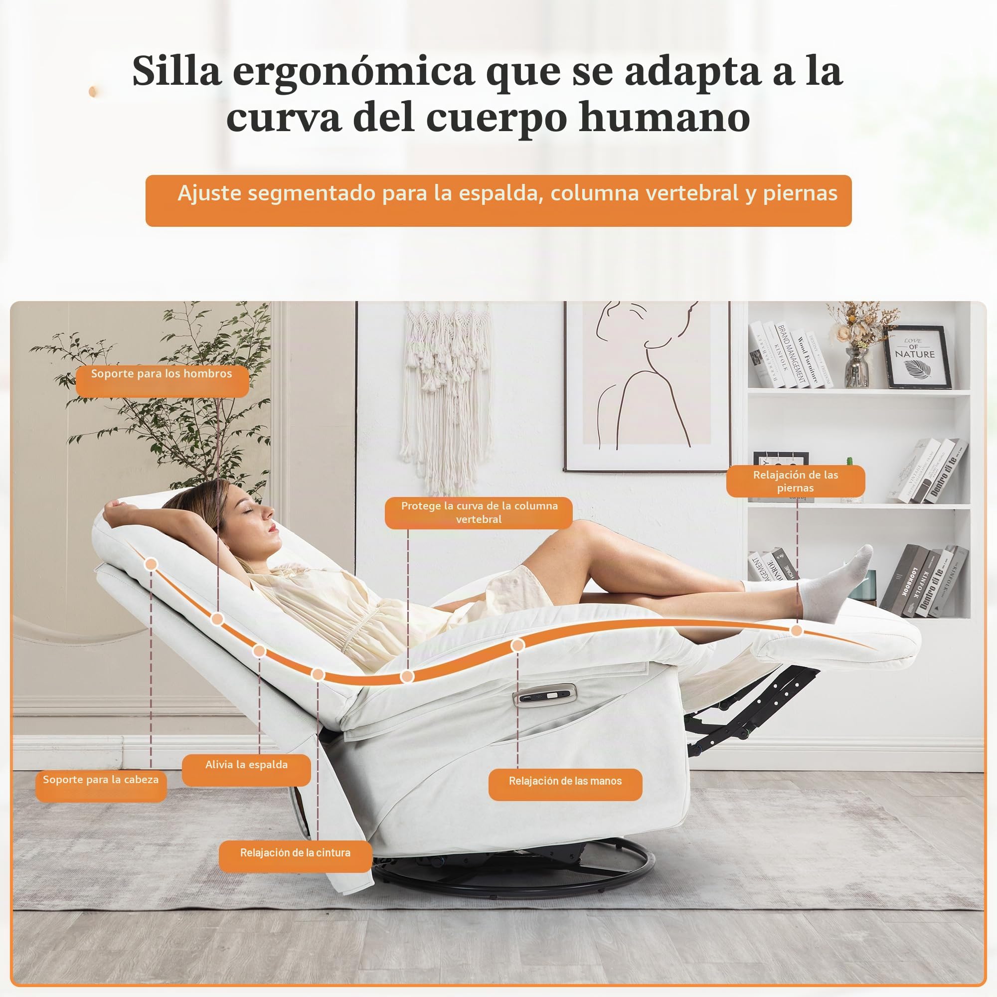 Sillón de Relax eléctrico de Masaje,calefacción, vibración, Masaje, sillón Giratorio, con Puertos Tipo C y USB, 1 Bolsillo Lateral, sillón reclinable para TV, salón (Blanco)
