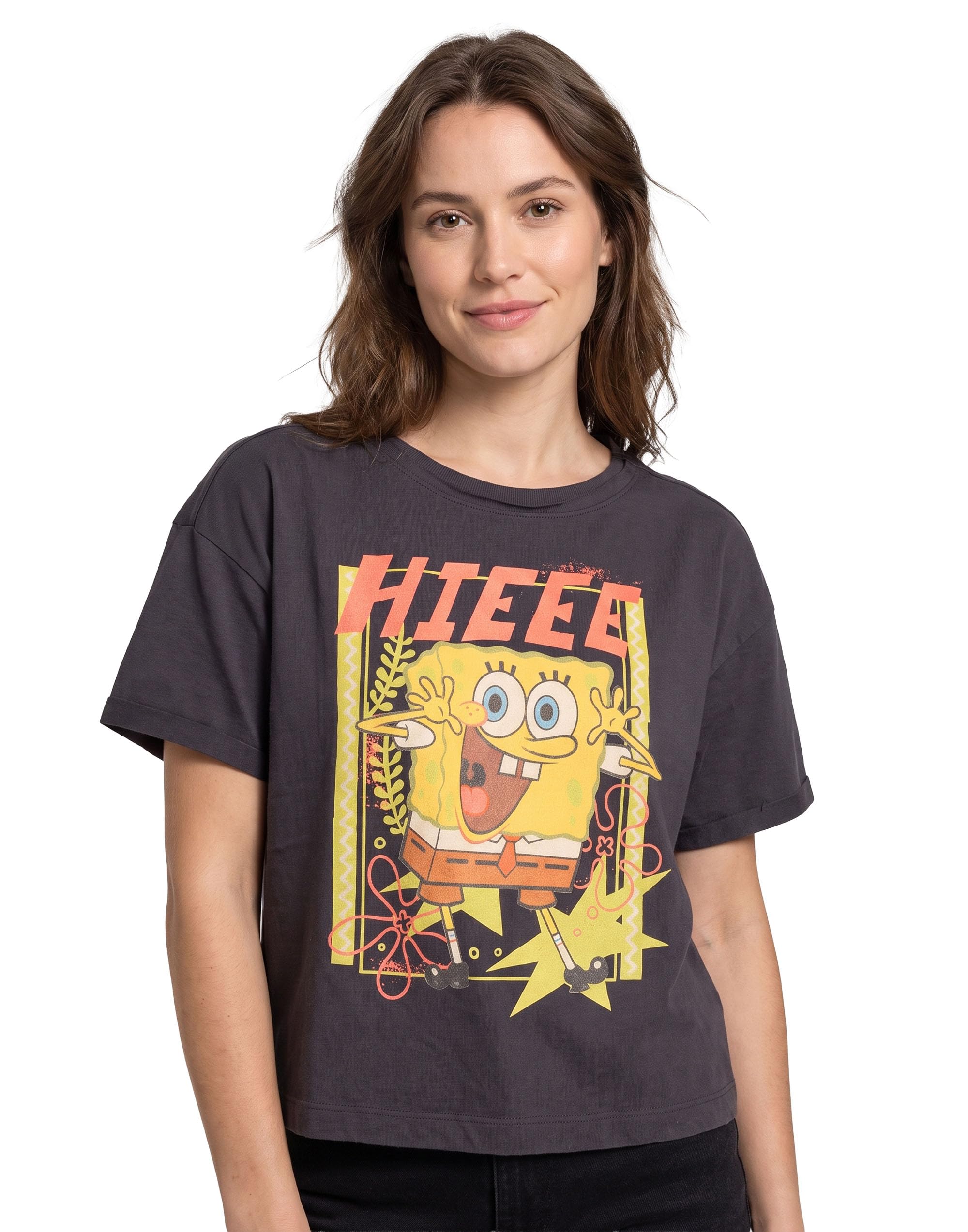 B&Q -  Spongebob Squarepants Womens Grey Character Cropped Short Sleeved T-Shirt (Medium)