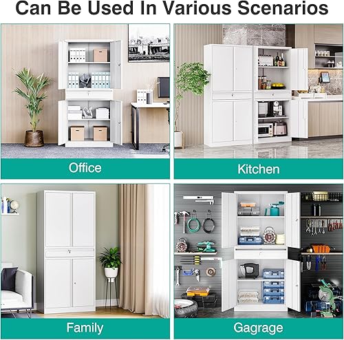 Miniatura 4 de SISESOL Armario de almacenamiento de metal blanco con cajón y cerraduras, armario de almacenamiento de garaje con puertas de bloqueo y estantes