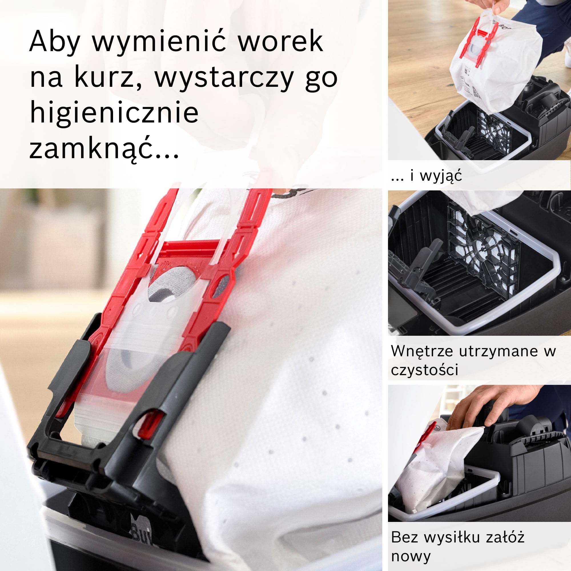 Bosch Serie 4 Odkurzacz Workowy, Promień Działania 11 m, Pojemność Worka XL, Ssawka do Tapicerki, Ssawka Szczelinowa, Zintegrowany Schowek na Akcesoria, Biały, BGB41WH1 | Odkurzacz z workiem XL, szczotka do tkanin i szczelin, zmywalny filtr, wyprodukowano