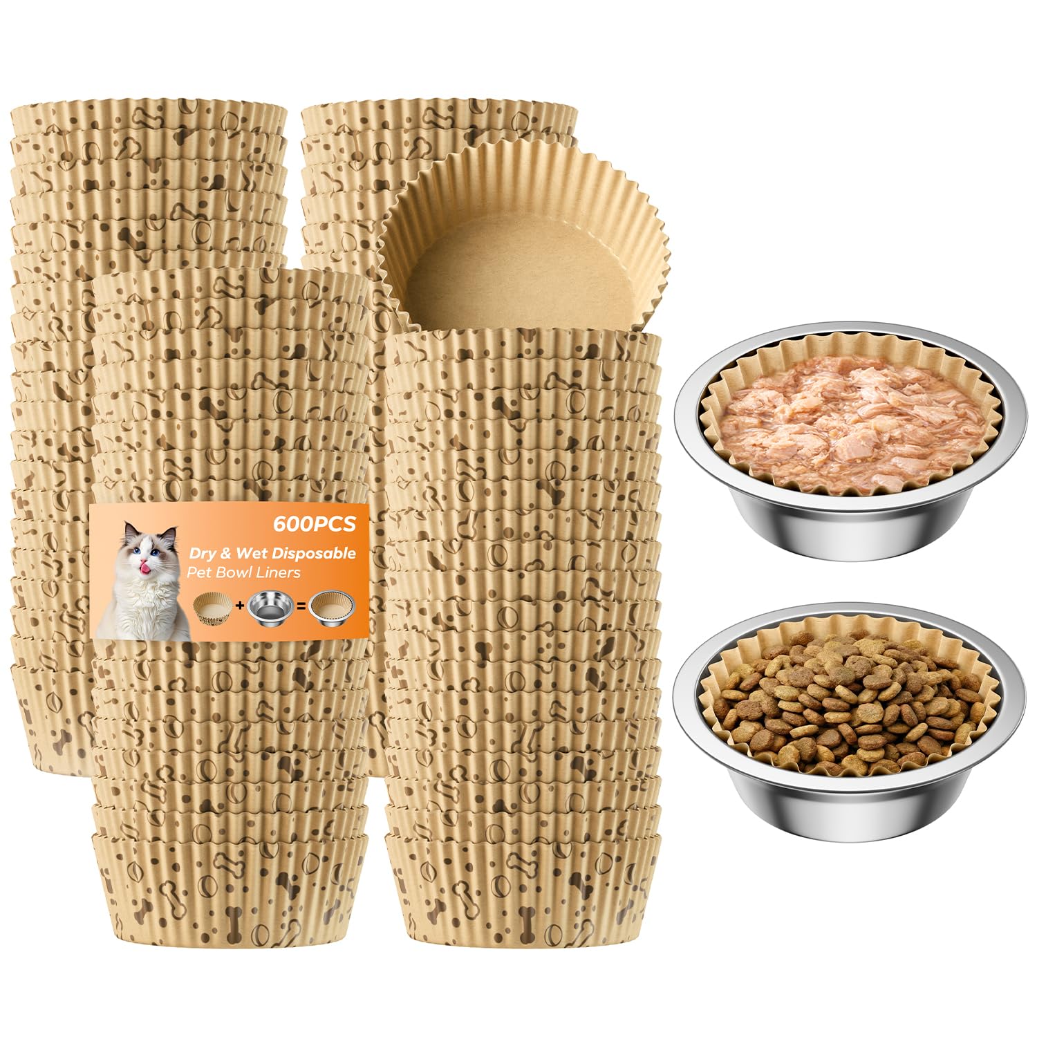 Disposable Cat Bowl Liners with 2 Stainless Steel Pet Bowls, Bulk Paper Pet Feeding Bowl Liners for Small Dogs Cats, Disposable Cat Food Bowls for Wet and Dry Food Feeding Station (600, Brown)
