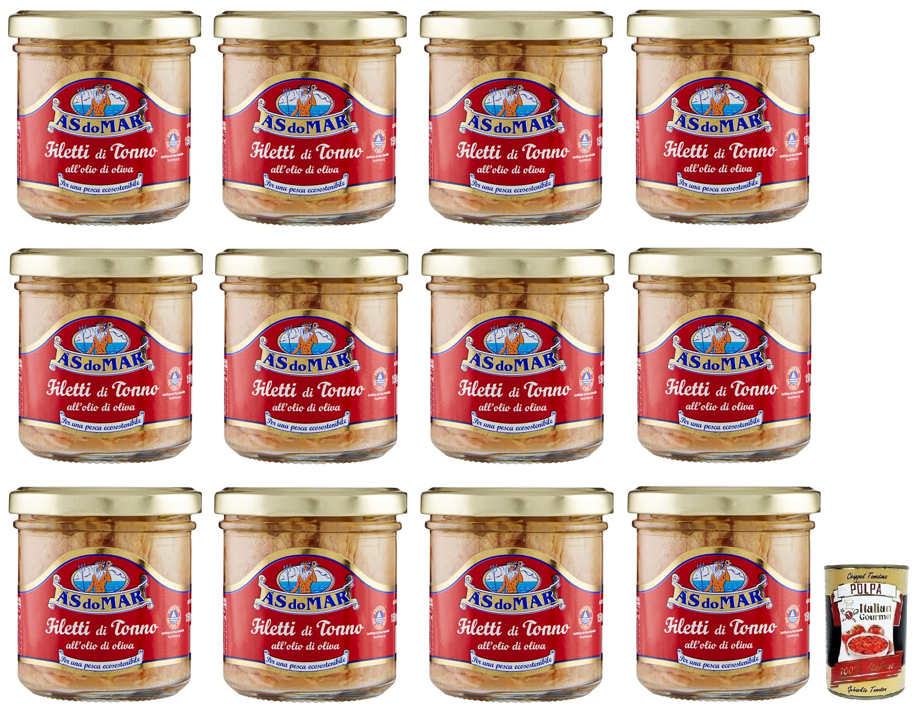 Italian Gourmet Filetti di Tonno in Olio d'Oliva Glas Thunfisch 12 x 150g | Tranci teneri e proteici, nachhaltig gefangen, perfetti per insalate, Gesamtnettogewicht 1,8 kg + Kostenlos Polpa 400g