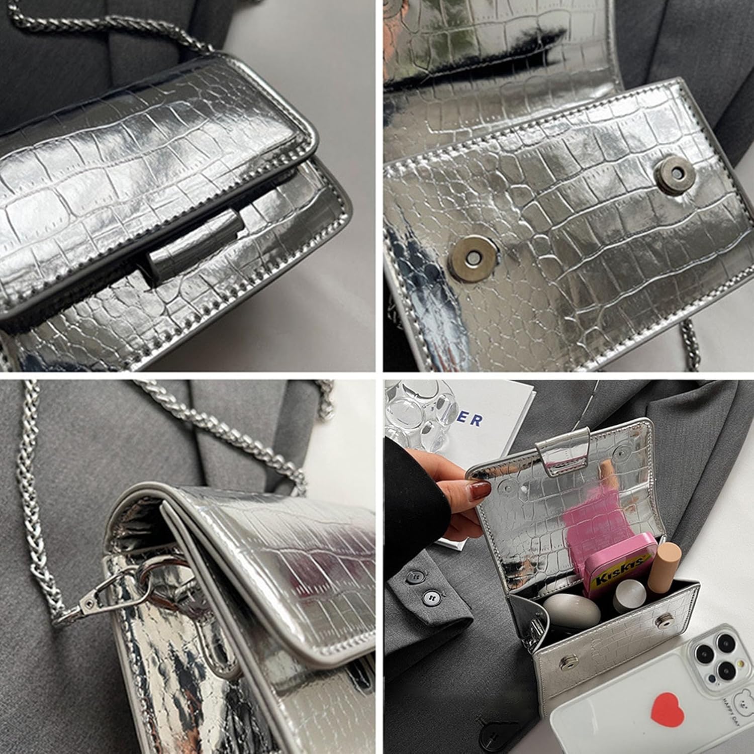 PU Leathe Mini Crossbody Bags for Women's, Y2k Mini Square Purse with Chain Strap Fashion Women Small Evening Bags - Image 5