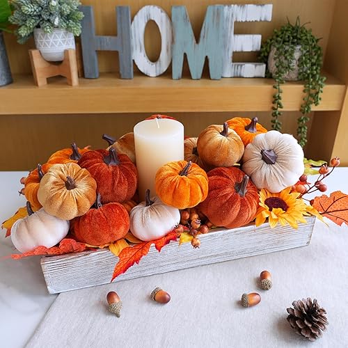 Vista 40 de Juego de 16 calabazas de terciopelo sintético surtidas, decorativas, color verde azulado, verde, gris, marfil, calabazas de espuma de tela