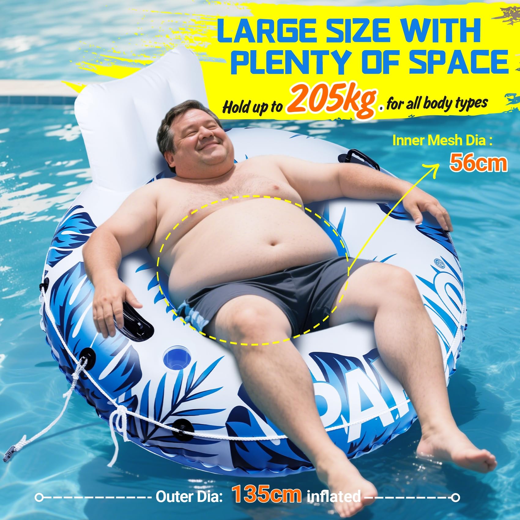 Aufblasbarer Pool Luftmatratze Schwimmsessel, Hochleistungs-Pool-Rohr, 135cm Erwachsene River-Tubes Sofa für Strand- und See-Rafting mit Netzboden, 2 Getränkehalter 2 Haltegriffe, Tragkraft 205kg