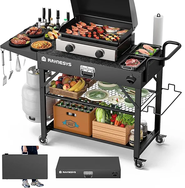 Raynesys Outdoor Grill Cart, 440lbs Outdoor Grill Table, 31x17 inch Blackstone Griddle Stand, Portable Folding Cart with Wheels, 2-Tier Storage Rack & Side Storage Box (Black)