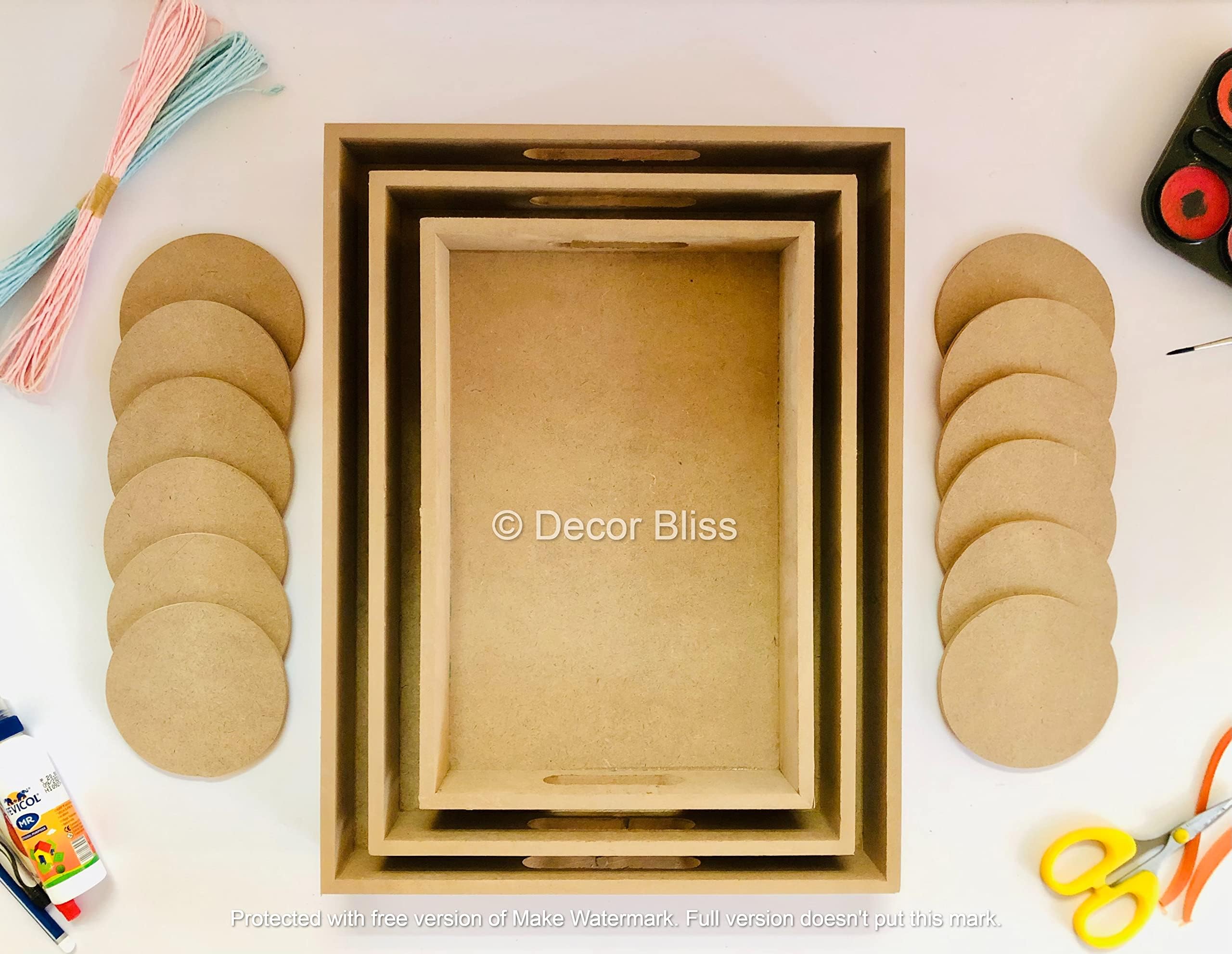 Decor Bliss Unfinished MDF Trays Set of 3 w/ Coasters Set of 12 for Art & Craft | Resin Art | Decoupage | Mixed Media (Round), Ivory