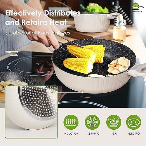 Miniatura 7 de Clockitchen Juego de ollas y sartenes antiadherentes, juegos de utensilios de cocina de inducción de granito (7 piezas), juego de cocina blanco y