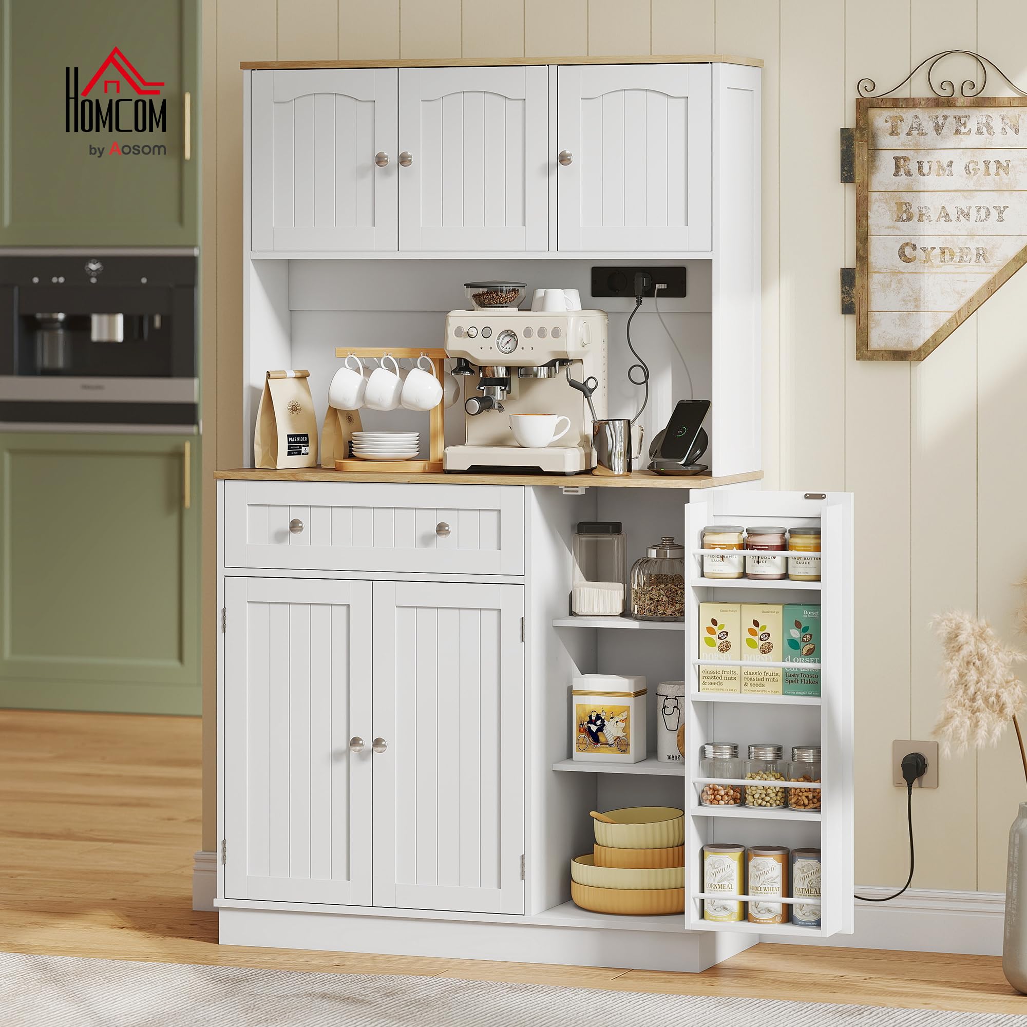 HOMCOM Alacena de Cocina Alta con Estación de Carga 100x40x173 cm Blanco | Mueble Auxiliar de Cocina, 6 Puertas, Cajón, Estantes Ajustables, 4 Estantes para Especias, Encimera Amplio
