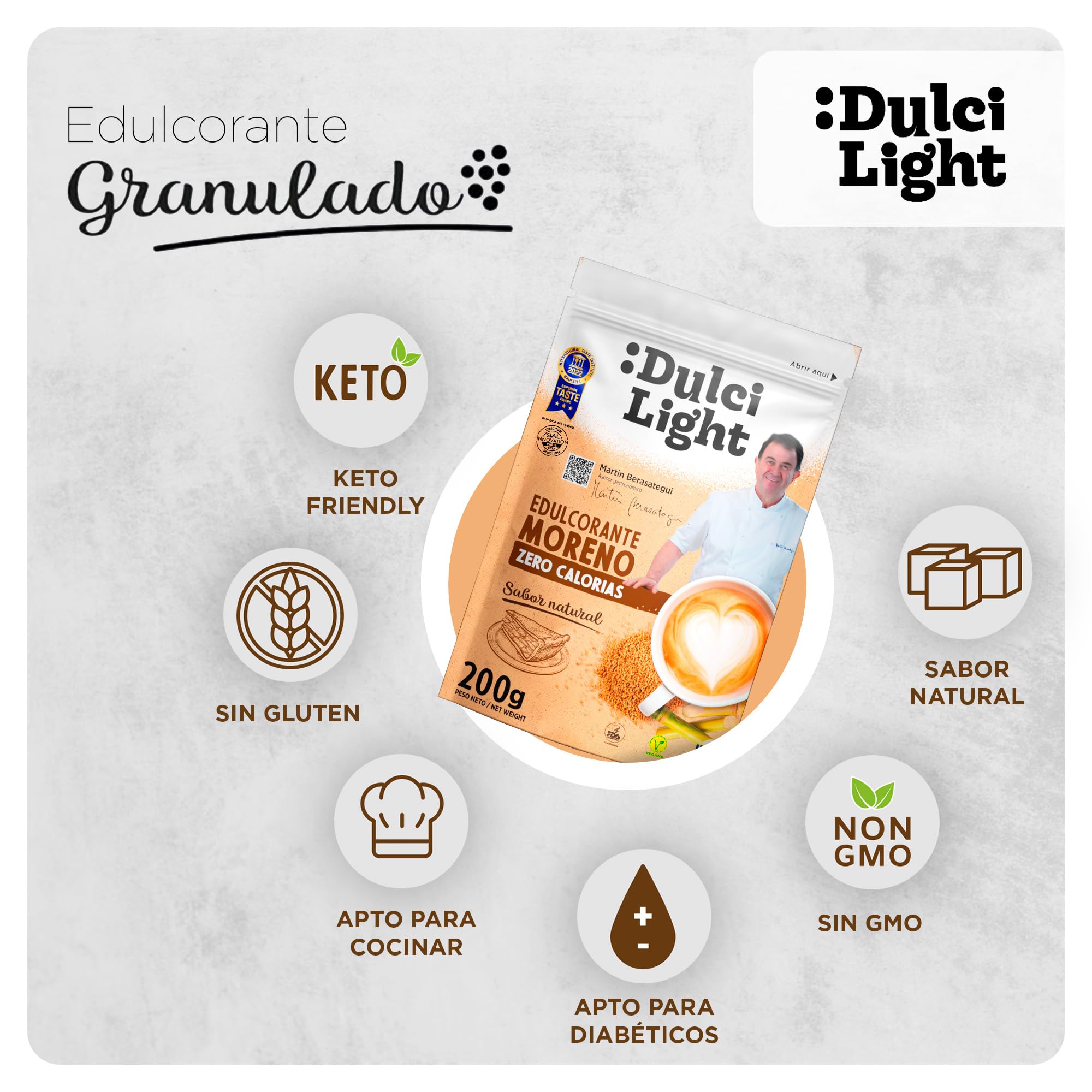 Dulcilight Edulcorante Moreno Zero Doypack 200 gr |Sustituto del azucar Moreno Sabor Natural | 200 gr = 2kg Azúcar |Granulado con Fibra Vegetal | keto | No OMG | edulcorante a Granel