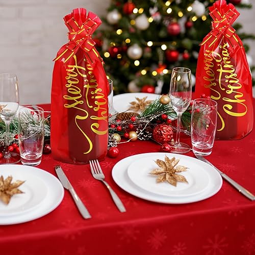 Miniatura 6 de Teling 100 bolsas de regalo para botella de vino de Navidad, bolsa de celofán, funda roja para bolsa de vino de Feliz Navidad, incluye 50 bolsas de