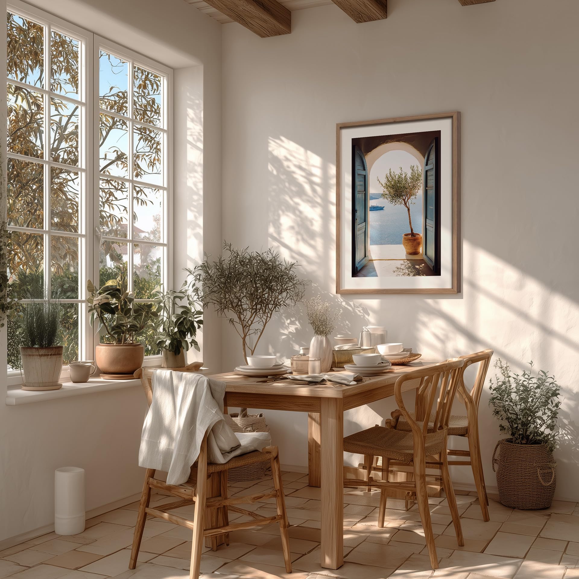 STYLER Bild Mykonos 50 x 70 cm mit Holzrahmen – Mediterraner Meerblick mit Olivenbaum – Santorini Stil Wandbild Deko Terra Verde Kollektion