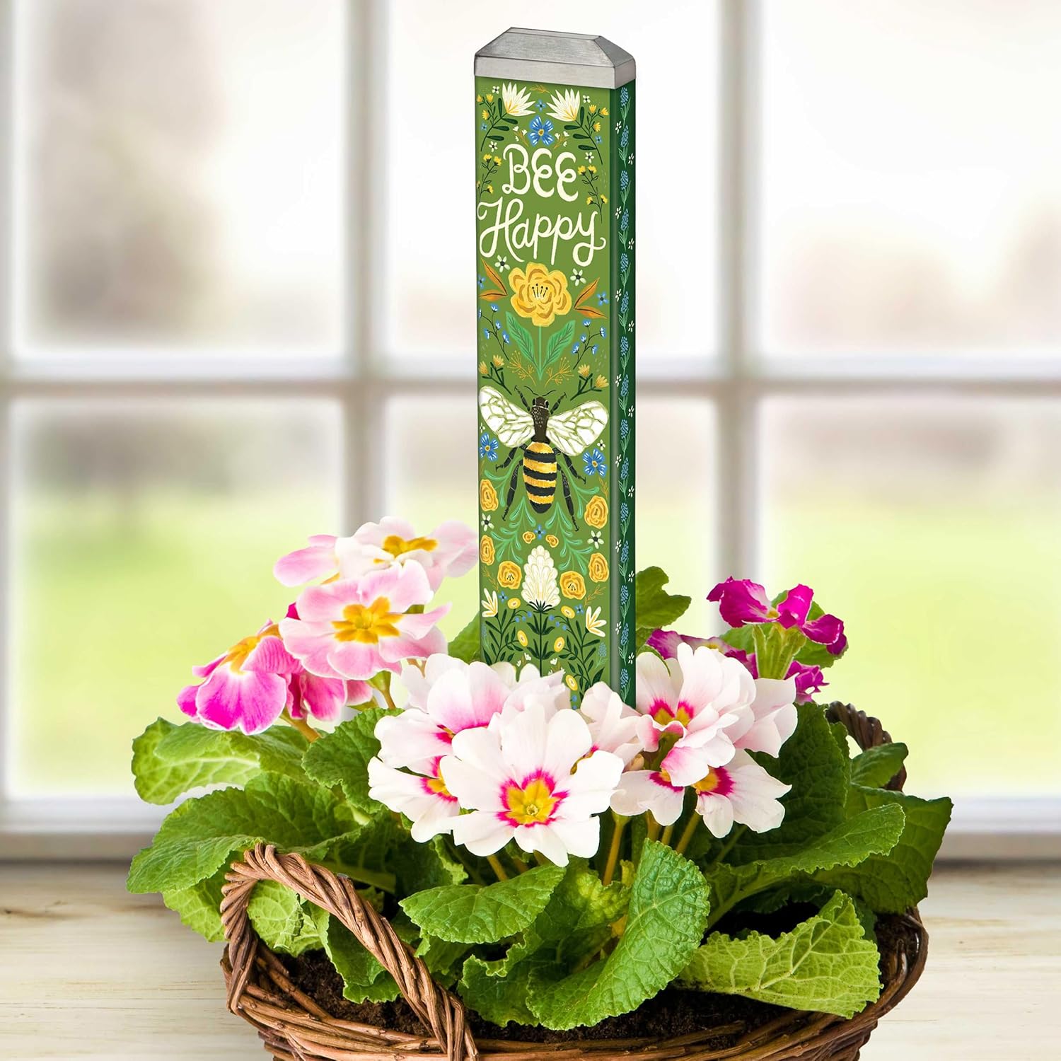 Studio M Art Pole 13 Inch Weather Resistant PVC with Vinyl Wrap Outdoor Decorative Accessory for Landscaping Gardens and Yards Yellow Black and Green Bee Happy