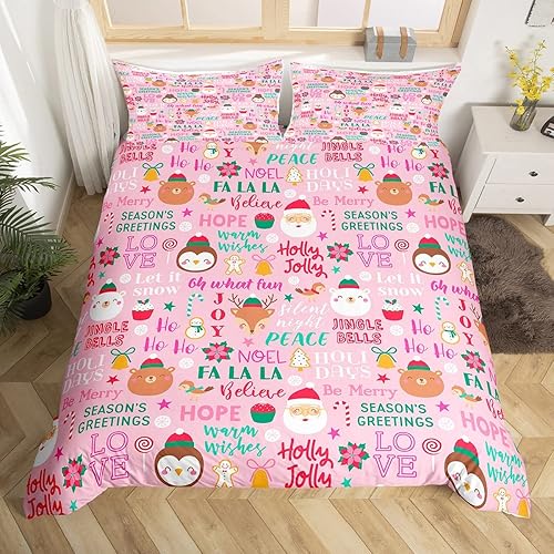 Juego de funda de edredón rosa de Navidad para niñas, tamaño matrimonial, lindo juego de ropa de cama de dibujos animados de pingüino de Papá Noel,