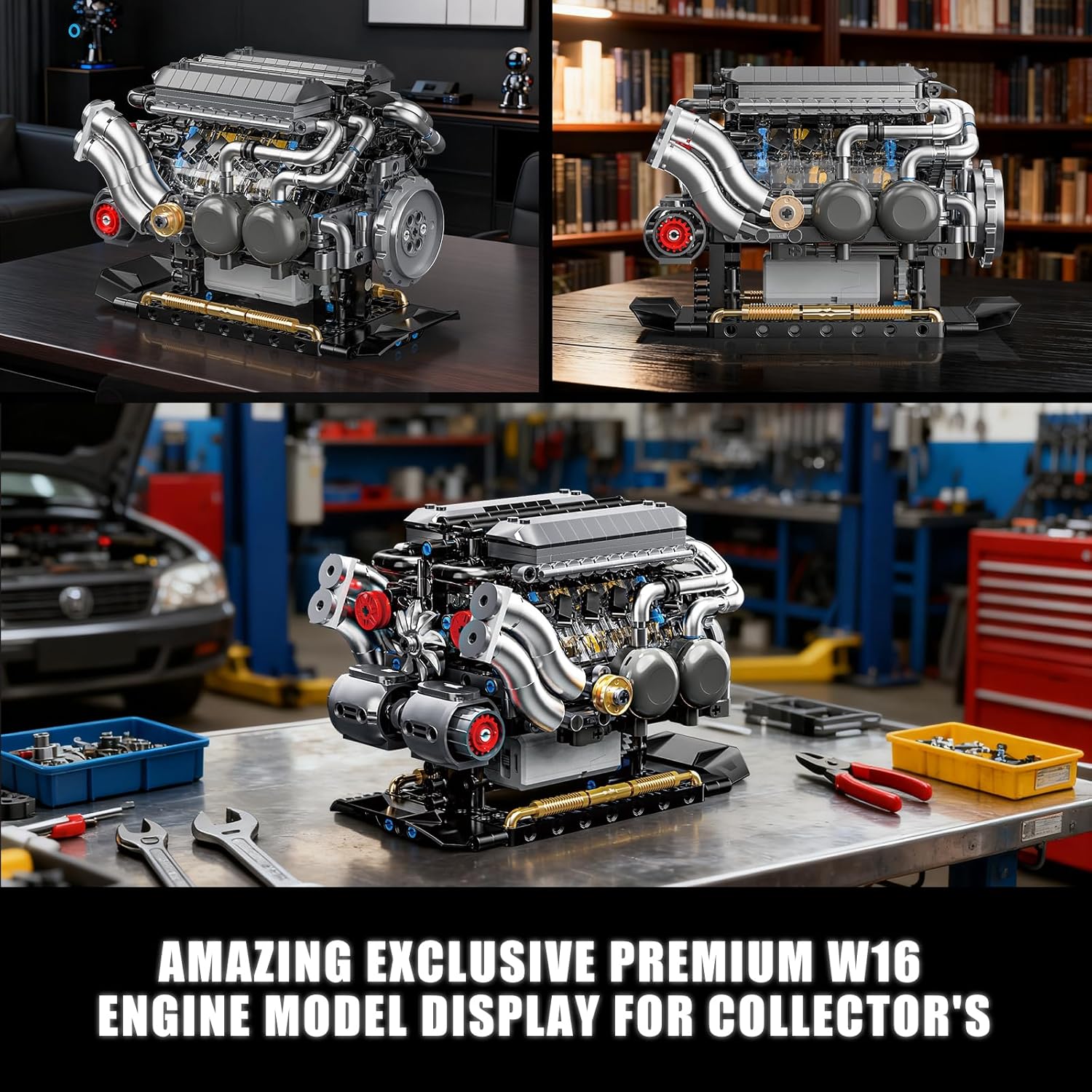 W16 Engine Building Blocks Set for Adults, STEM Mini 16-Cylinder Engine Model Kit That Runs, Compatible with Lego Car, DIY Physical Science Experiment Toy for Teens Boys 8-14+ (801 PCS)