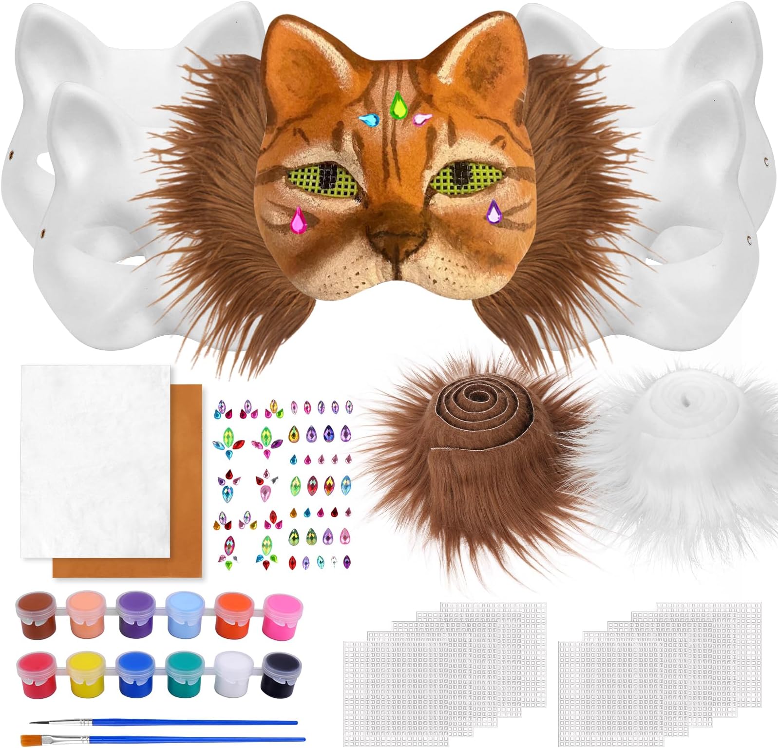 Dreamtop Therian Mask Set Cat Masks to Decorate Include Blank Cat Mask Felt Fabric Sheet Plush Faux Fur Eye Plastic Mesh Sheet Diamon Sticker for Cosplay Halloween