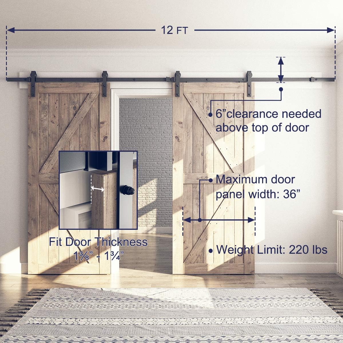 SMARTSTANDARD 12 Feet Heavy Duty Double Sliding Barn Door Hardware Kit-Smoothly and Quietly-Includes Detailed Installation Fit 36" Wide Doorpanel (J Shape Hanger) Black