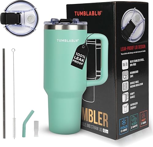 TUMBLABLE Vaso de 40 onzas con asa y popote, tapa de vaso a prueba de fugas, vaso aislado reutilizable, botella de agua de acero inoxidable, taza de