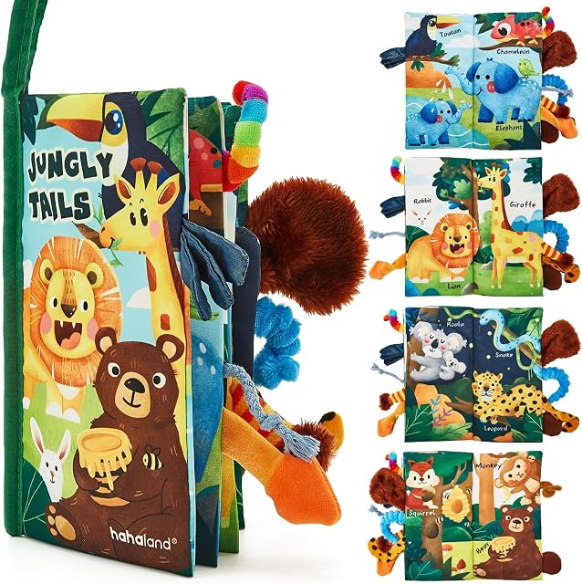 Hahaland Jouet de livre pour bébés 0 3 6 12 Mois - Touch and Feel First Crinkle Cloth Soft Book pour bébés 0 Des mois, des cadeaux pour nouveau-né - Thème des queues de jungly