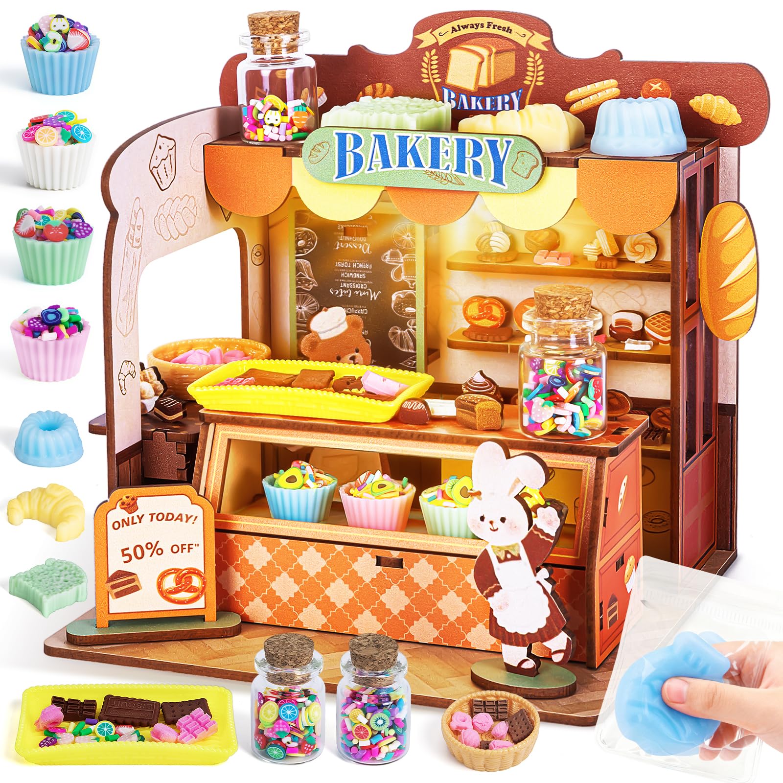 Activité Manuelle Enfant - 3 en 1 Book Nook, Fabrique à Squishy avec Silicone Liquide, maquette en bois maison miniature a construire, Cadeau Jouet Fille Enfant 6 7 8 9 10 11 12 ans