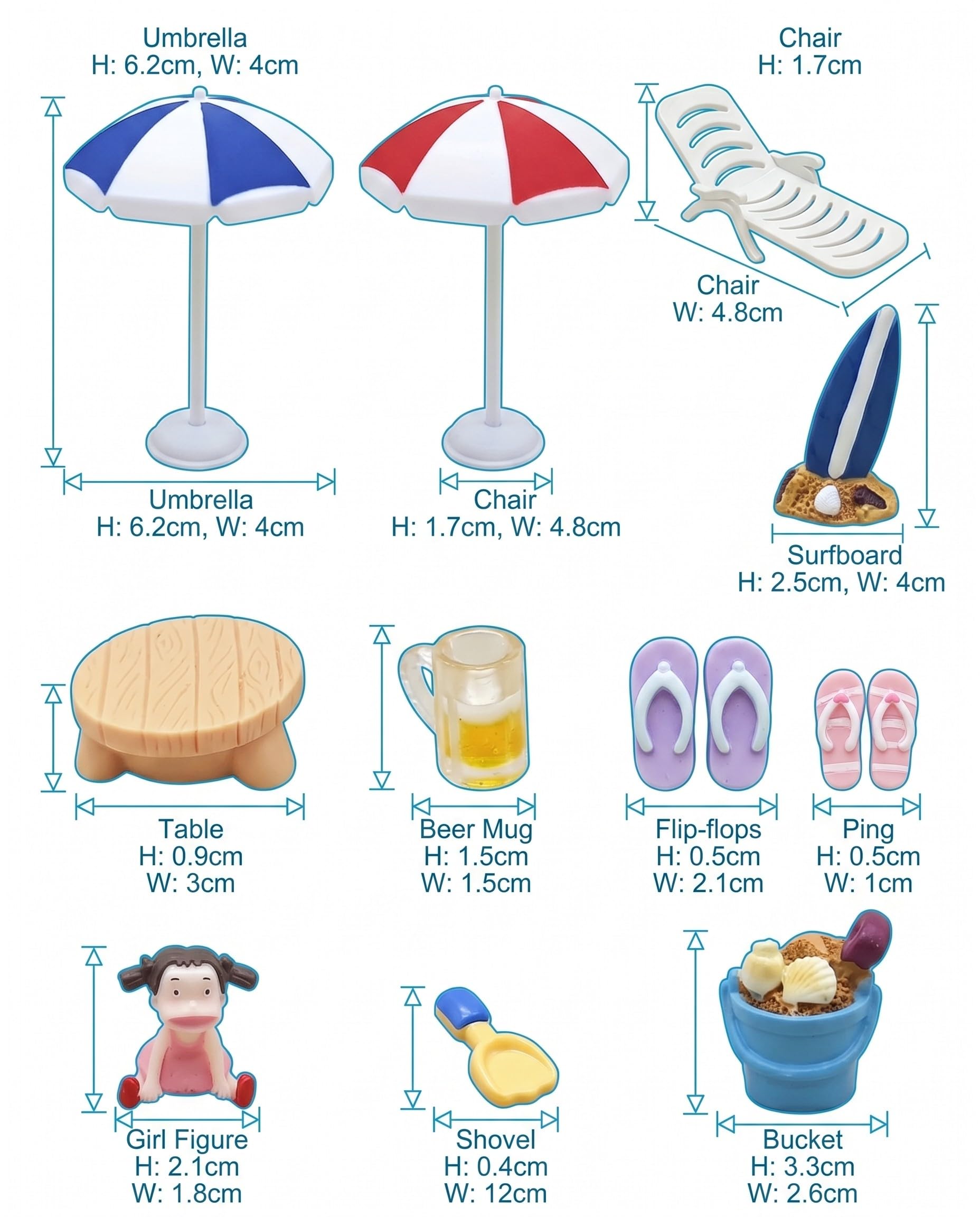 Miniatur Strand Deko Set 5-teilig inkl. Liegestühle, Sonnenschirm – Perfekt für Puppenhaus, Feengarten & Micro Landschaft. Schafft lebensechte Urlaubsatmosphäre.