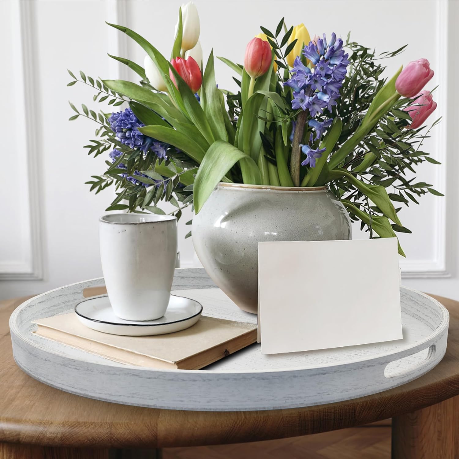 Large Round Wooden Coffee Table Trays 20" - Multi-Functional Home Decor Ottoman Serving Platter White - Image 7